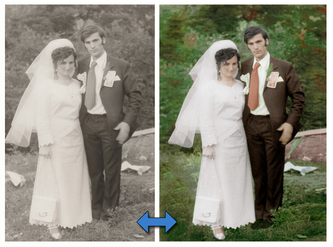 Bojenje crno belih fotografija sa popravkom oštećenja. Kolorizacija starih slika. Konverzija crno belih slika u kolor verziju. Popravka fotografija.